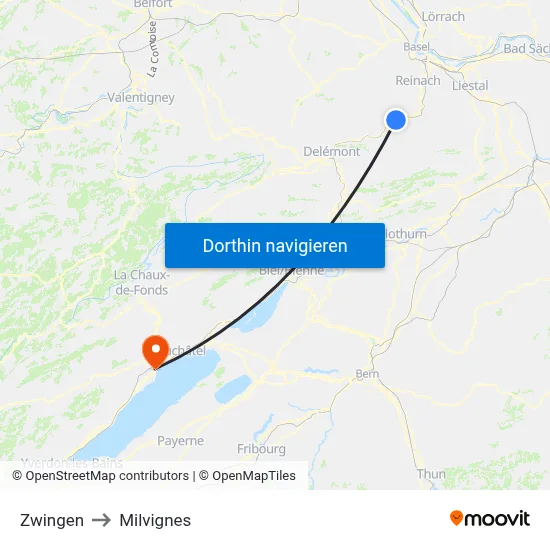 Zwingen to Milvignes map