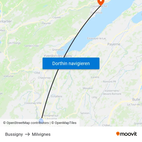 Bussigny to Milvignes map