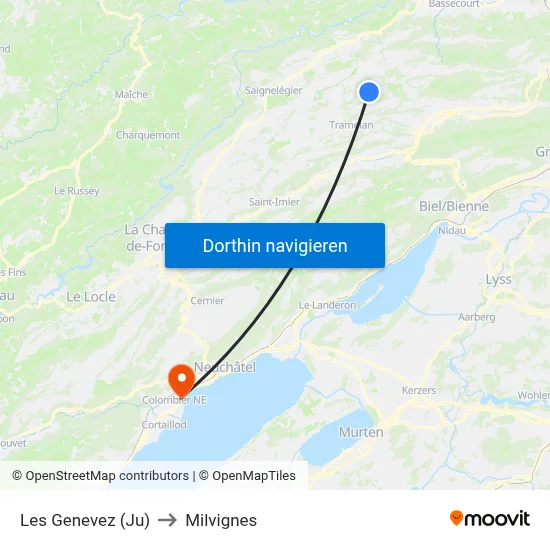 Les Genevez (Ju) to Milvignes map
