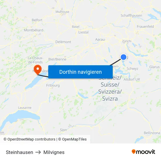 Steinhausen to Milvignes map