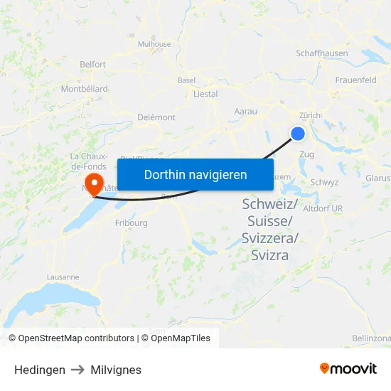 Hedingen to Milvignes map