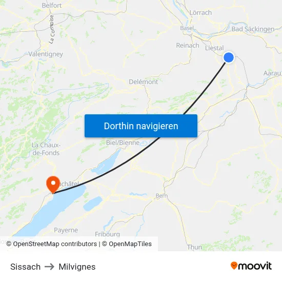 Sissach to Milvignes map
