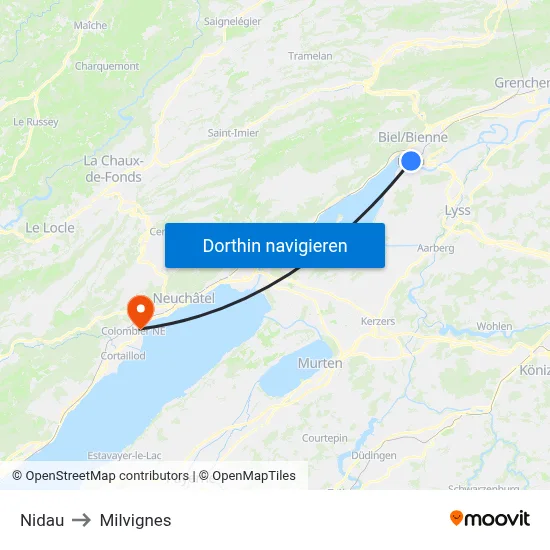 Nidau to Milvignes map