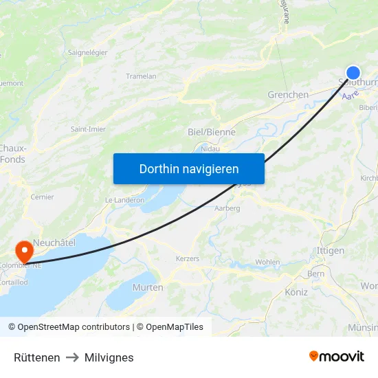 Rüttenen to Milvignes map