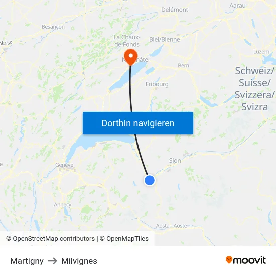 Martigny to Milvignes map
