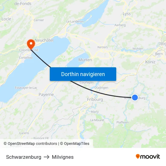 Schwarzenburg to Milvignes map