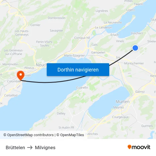 Brüttelen to Milvignes map