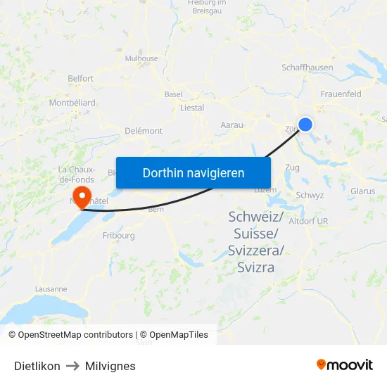 Dietlikon to Milvignes map