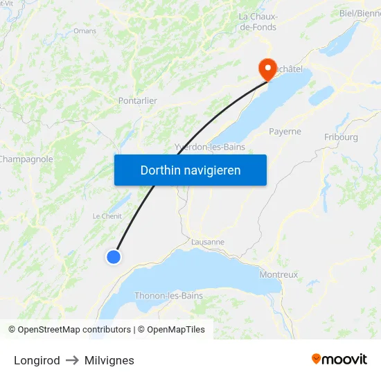 Longirod to Milvignes map