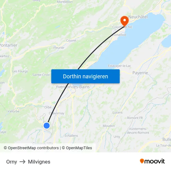 Orny to Milvignes map