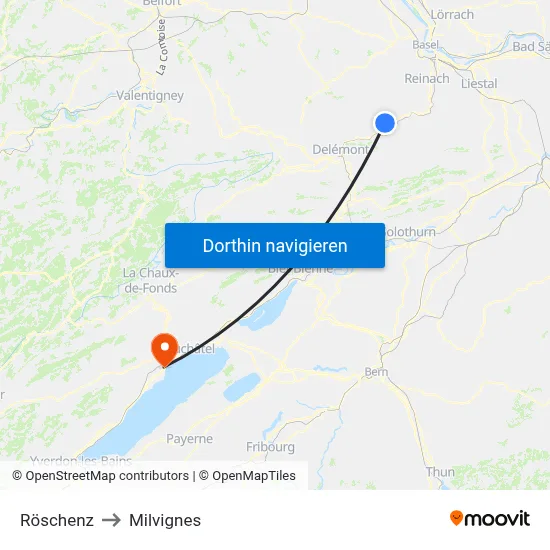 Röschenz to Milvignes map