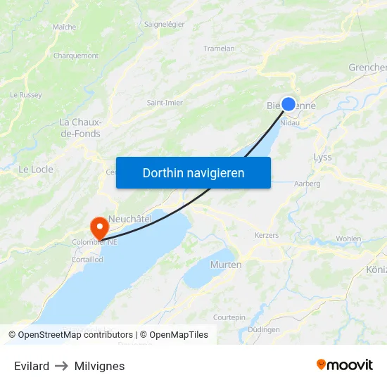 Evilard to Milvignes map