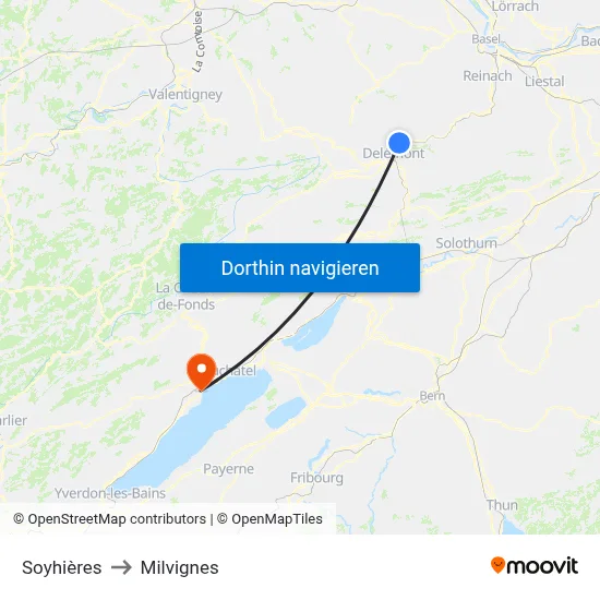 Soyhières to Milvignes map