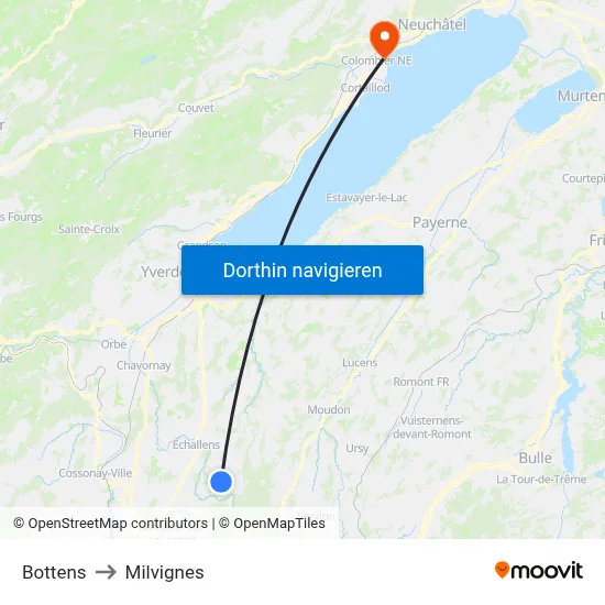 Bottens to Milvignes map