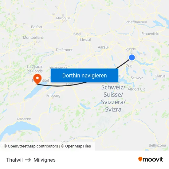 Thalwil to Milvignes map