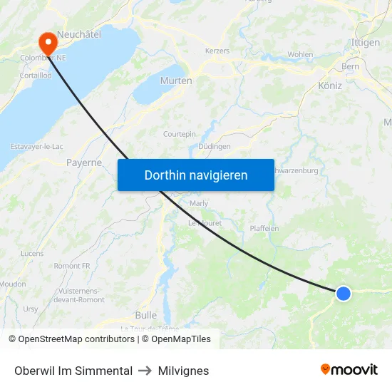Oberwil Im Simmental to Milvignes map
