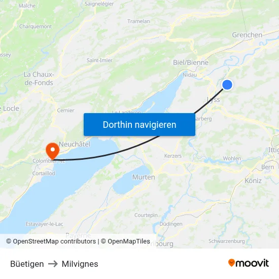 Büetigen to Milvignes map