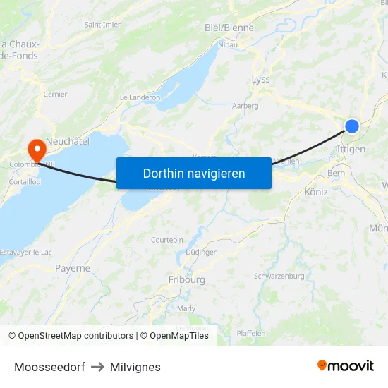 Moosseedorf to Milvignes map