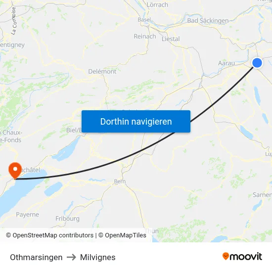 Othmarsingen to Milvignes map