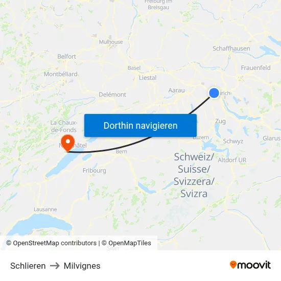 Schlieren to Milvignes map