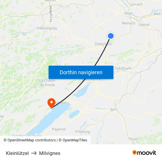 Kleinlützel to Milvignes map