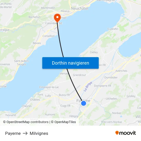 Payerne to Milvignes map