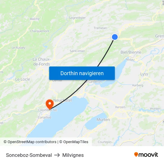Sonceboz-Sombeval to Milvignes map