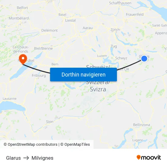 Glarus to Milvignes map