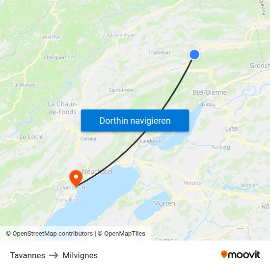 Tavannes to Milvignes map