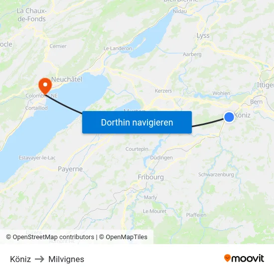 Köniz to Milvignes map