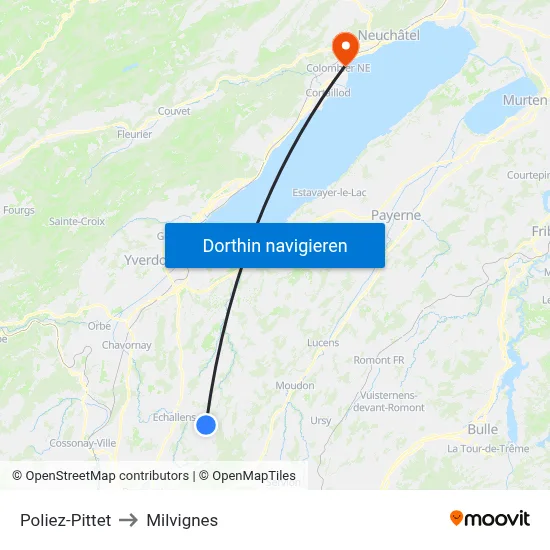 Poliez-Pittet to Milvignes map