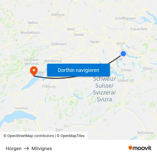 Horgen to Milvignes map