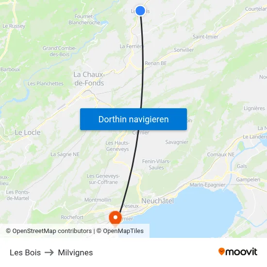 Les Bois to Milvignes map