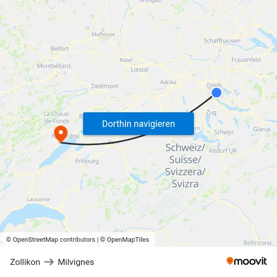 Zollikon to Milvignes map