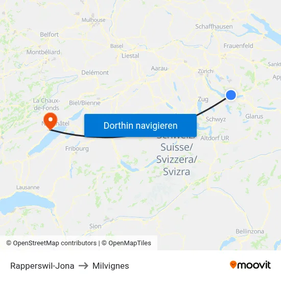 Rapperswil-Jona to Milvignes map