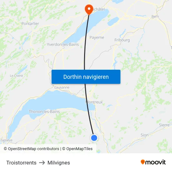 Troistorrents to Milvignes map
