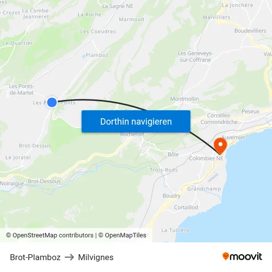 Brot-Plamboz to Milvignes map