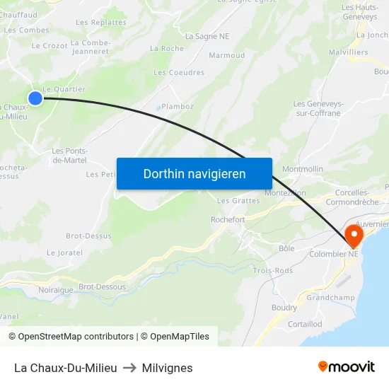 La Chaux-Du-Milieu to Milvignes map