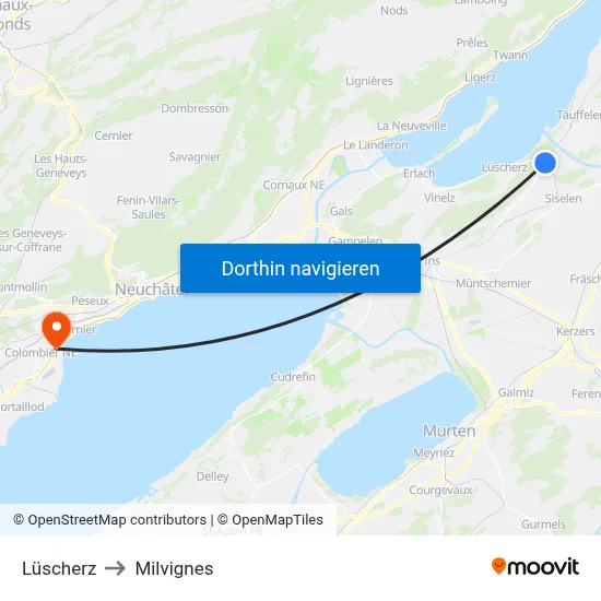 Lüscherz to Milvignes map