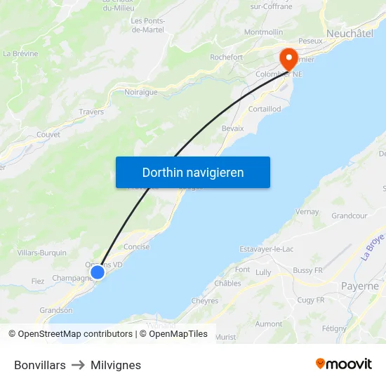 Bonvillars to Milvignes map