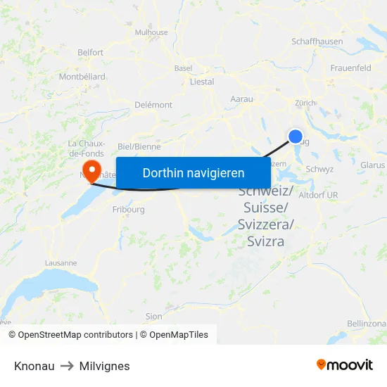 Knonau to Milvignes map