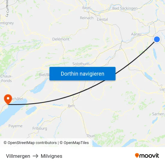 Villmergen to Milvignes map