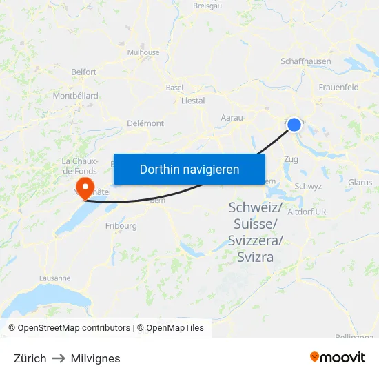 Zürich to Milvignes map