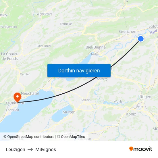 Leuzigen to Milvignes map