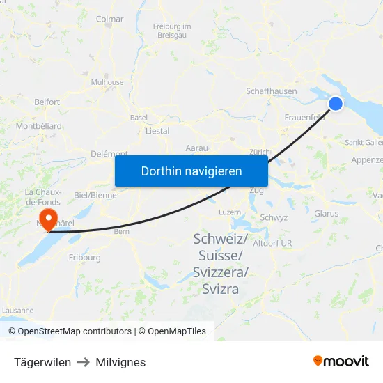 Tägerwilen to Milvignes map