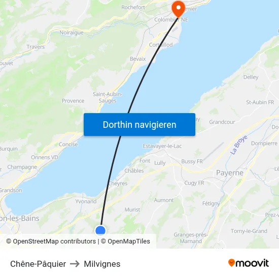 Chêne-Pâquier to Milvignes map