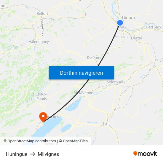 Huningue to Milvignes map