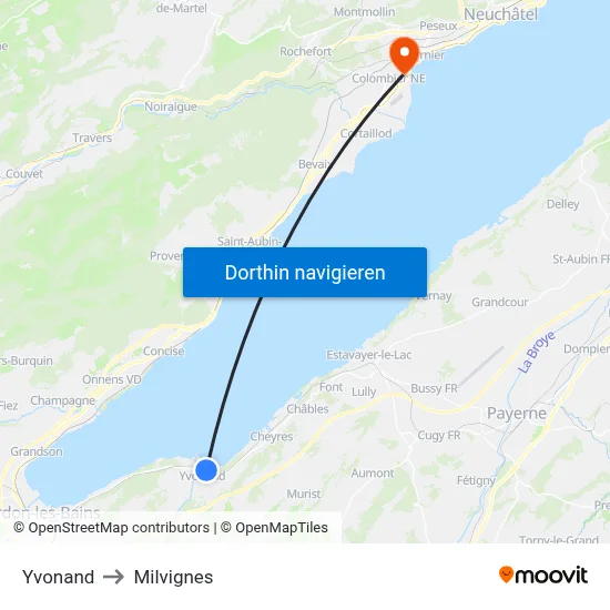 Yvonand to Milvignes map