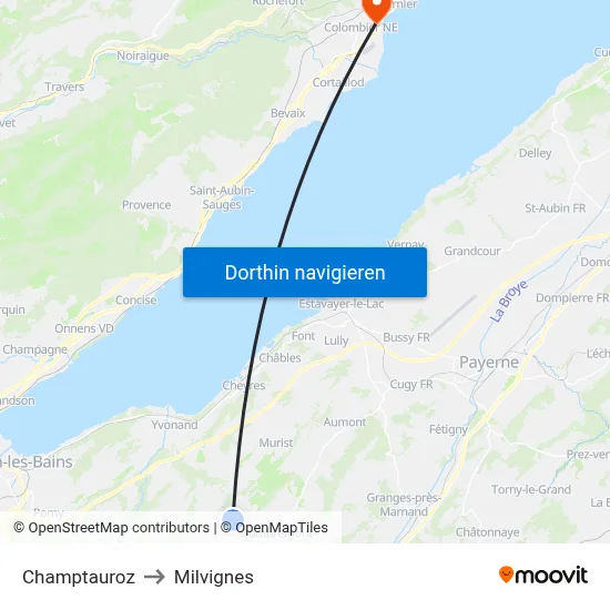 Champtauroz to Milvignes map