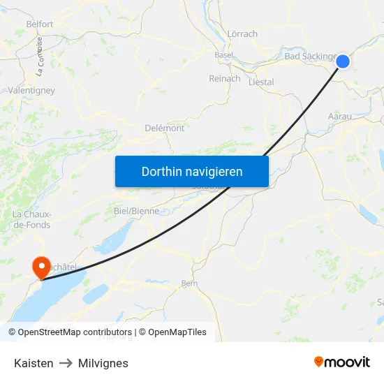 Kaisten to Milvignes map